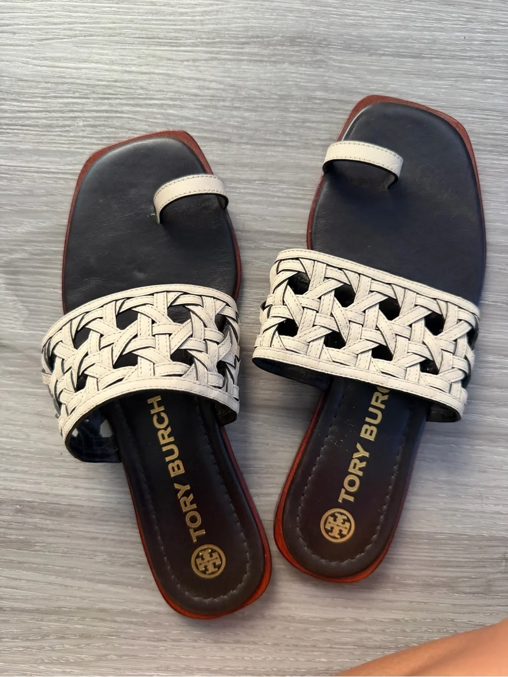 Tory Burch Black Footbed White Woven Toe-Loop Slide Sandals